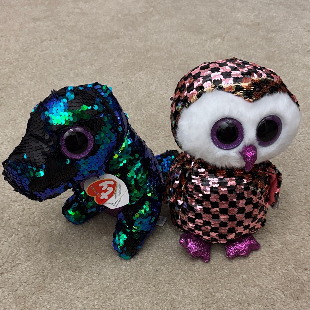 Ty Flippables Sequin Checks the Owl & Crunch the Dinosaur Plush Stuffed Animals
